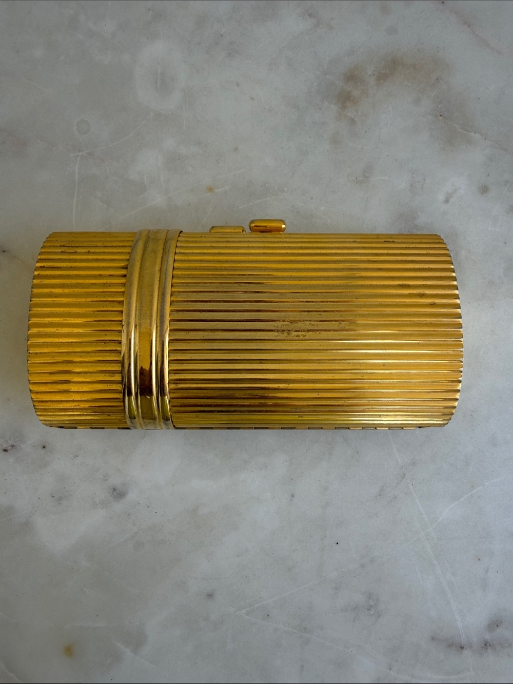 Vintage Gold Tone Metal Minaudière Evening Clutch Purse w/ Hidden Gold Chain Str